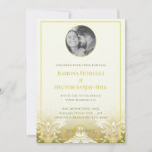 Retro Gold Green Damask 1 Foto Hochzeit Einladung (Vorderseite)