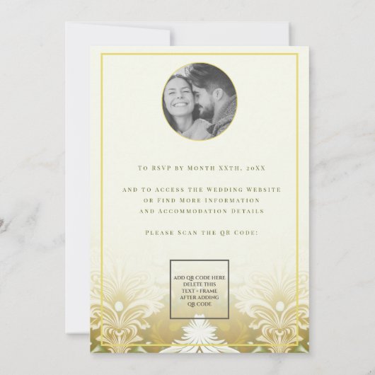 Retro Gold Green Damask 1 Foto Hochzeit Einladung (Rückseite)
