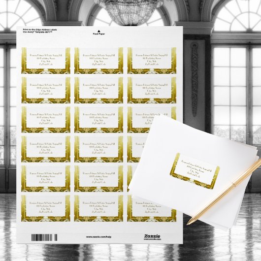 Retro Gold Green Damask Hochzeit Adressaufkleber