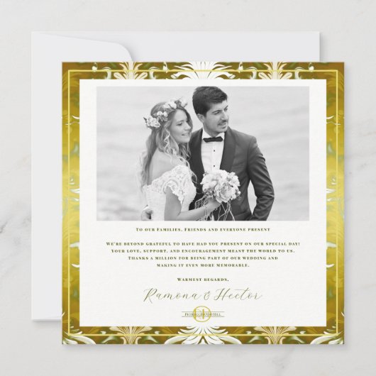 Retro Gold Green Damask Hochzeit Dankeskarte (Vorderseite)