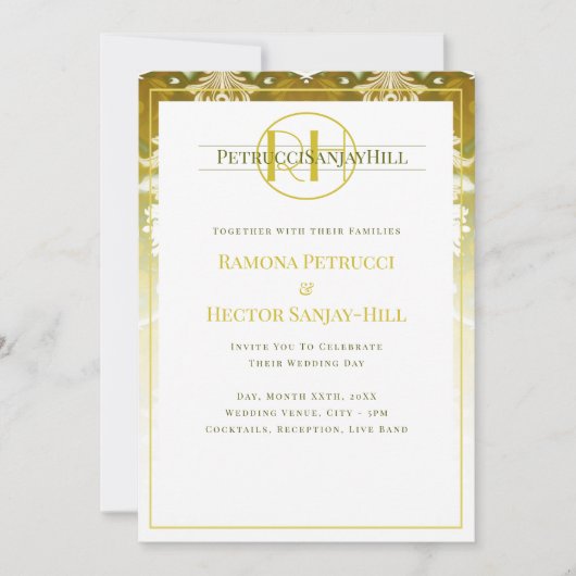 Retro Gold Green Damask Hochzeit Einladung (Vorderseite)