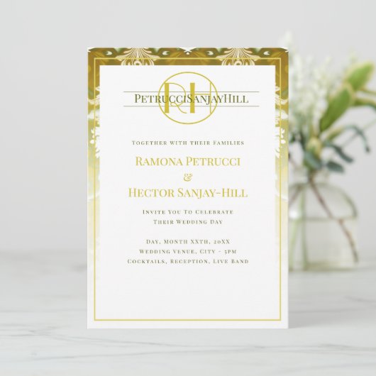 Retro Gold Green Damask Hochzeit Einladung (Stehend Vorderseite)