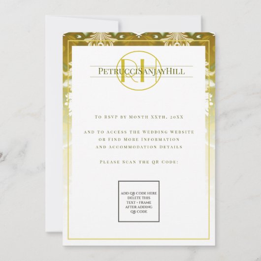 Retro Gold Green Damask Hochzeit Einladung (Rückseite)