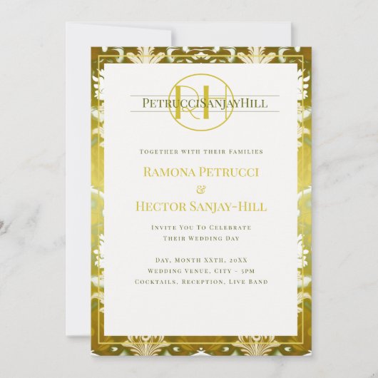 Retro Gold Green Damask Hochzeit Einladung (Vorderseite)
