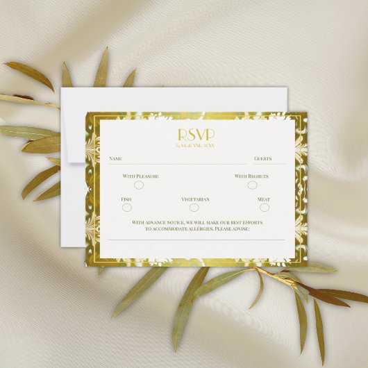 Retro Gold Green Damask Hochzeit RSVP Karte