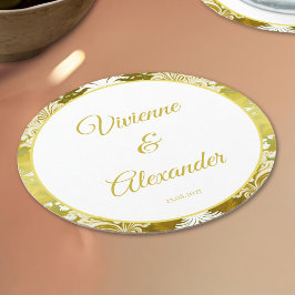 Retro Gold Green Damask Hochzeit Runder Pappuntersetzer
