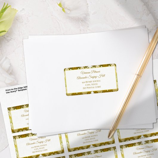 Retro Gold Green Damask Hochzeitadresse Adressaufkleber
