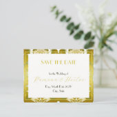 Retro Gold Green Damask Save the Date Ankündigungspostkarte (Stehend Vorderseite)
