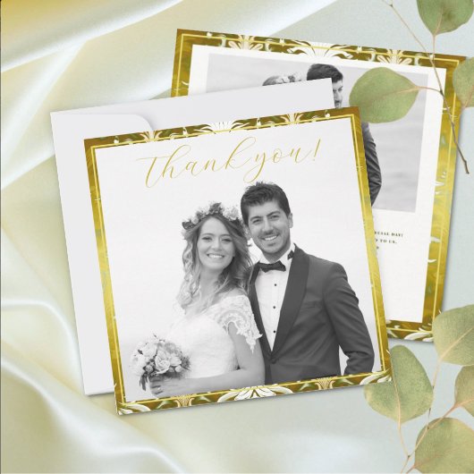 Retro Gold Green Damask Wedding Foto Dankeskarte