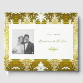 Retro Gold Green Damask Wedding Foto Monogram Gästebuch (Vorderseite)
