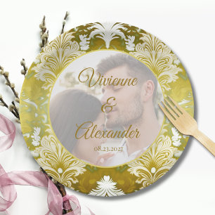 Retro Gold Green Damask Wedding Foto Pappteller