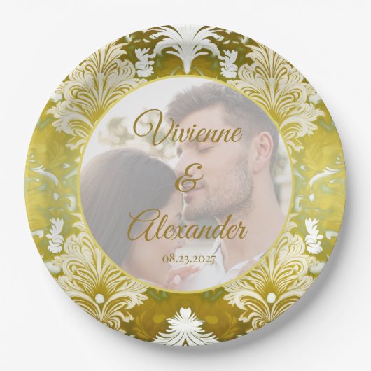 Retro Gold Green Damask Wedding Foto Pappteller (Vorderseite)