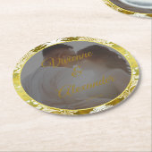 Retro Gold Green Damask Wedding Foto Runder Pappuntersetzer (Angewinkelt)