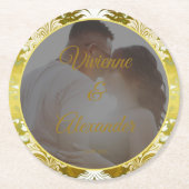 Retro Gold Green Damask Wedding Foto Runder Pappuntersetzer (Vorderseite)