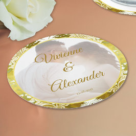 Retro Gold Green Damask Wedding Foto Runder Pappuntersetzer