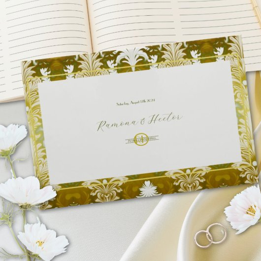 Retro Gold Green Damask Wedding Monogram Gästebuch