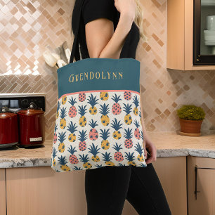 Retro Gold, Pink und Teal Ananas Monogramm Tasche