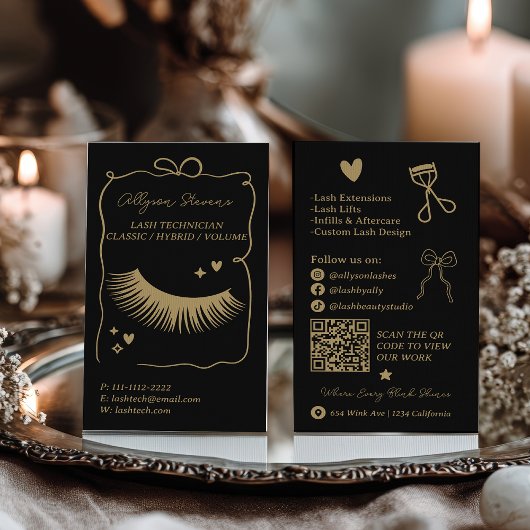 Retro Gold Schwarz Doodles Wimpern Tech QR Code Visitenkarte