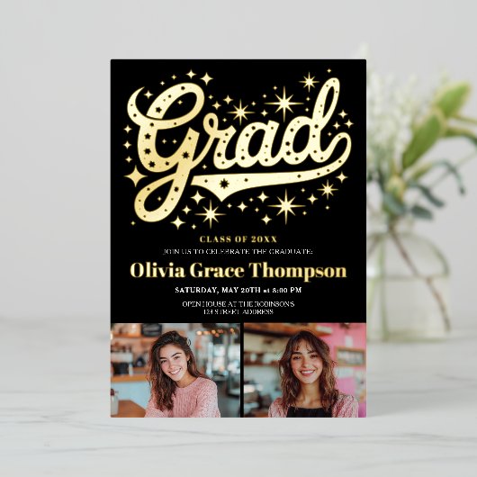 Retro Gold Script Stars 3-Foto Graduierungsparty Folieneinladung (Stehend vorne)