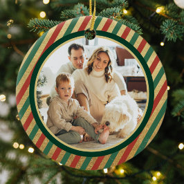 Retro Gold Streifen Familie Foto Frohe Weihnachten Keramik Ornament