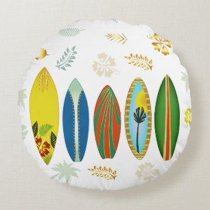 Retro Gold Tropical Coastal Surfboards  Rundes Kissen