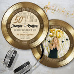 Retro Gold Vinyl Record Foto 50. Geburtstagsparty Einladung<br><div class="desc">Dieses einzigartige & retro Gold & Black Vinyl Record Musik Thema 50. Geburtstag Party rund Form Einladung mit einprägsamen Titel Zitat "This Will Be For The Record", und lustige Typografie Details - mit einem doppelseitigen soliden goldenen Schallplattenbelag ("Side A / Side B"), mit Einladungsdetails auf der Vorderseite (Seite A), Foto...</div>