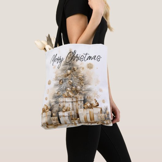 Retro Gold Weihnachtsbaum Frohe Weihnachten Tasche (Von Nahem)