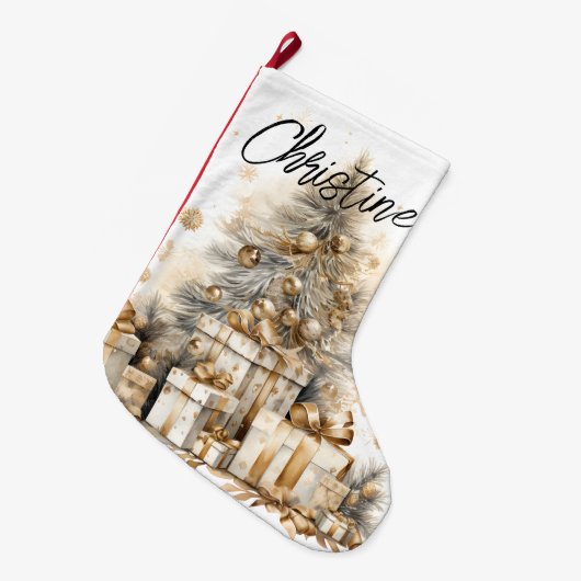 Retro Gold Weihnachtsbaum Name Großer Weihnachtsstrumpf (Vorderansicht (hängend))