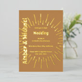 Retro Golden Brown and Gold Sun Wedding Folieneinladung (Stehend vorne)