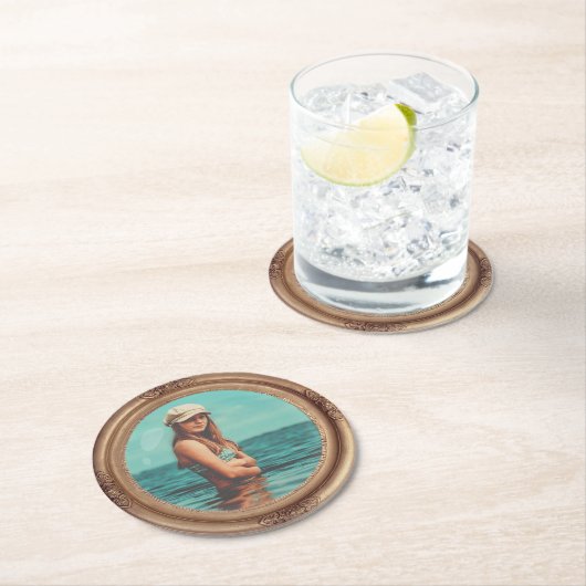 Retro Golden Stylish Portrait Foto Display Runder Pappuntersetzer (Vor Ort)