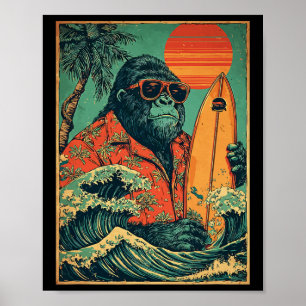 Retro Gorilla Surfer Hawaiianisches Tier Surft Str Poster
