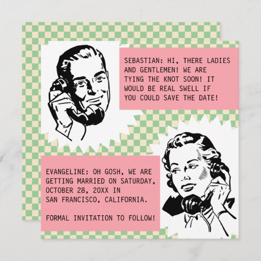 Retro Gossip Couple Speichern Sie die Datumskarten Einladung (Vorne/Hinten)