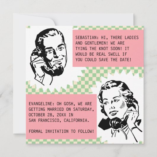 Retro Gossip Couple Speichern Sie die Datumskarten Einladung (Vorderseite)