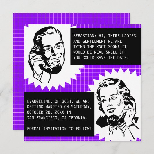 Retro Gossip Couple Speichern Sie die Datumskarten Save The Date (Vorne/Hinten)