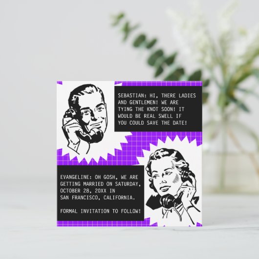 Retro Gossip Couple Speichern Sie die Datumskarten Save The Date (Stehend Vorderseite)