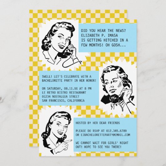 Retro Gossip Gals Junggeselinnen-Abschied Einladun Einladung (Vorne/Hinten)
