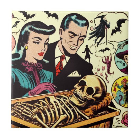 Retro-Goth-Pärchen-Comics Fliese (Vorderseite)