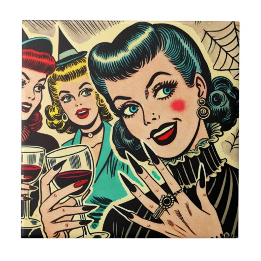 Retro Gothic Halloween Girls Comic Fliese (Vorderseite)