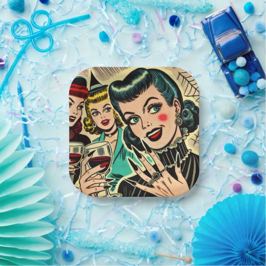 Retro Gothic Halloween Girls Comic Pappteller (Party)