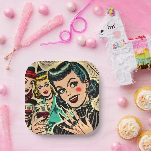 Retro Gothic Halloween Girls Comic Pappteller (Party)