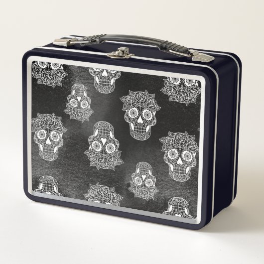 Retro Gothic Style Zucker Schädelschwarz Metall Brotdose (Vorderseite)