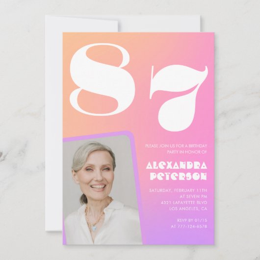 Retro Gradient Pink 87. Geburtstag Einladung (Vorderseite)