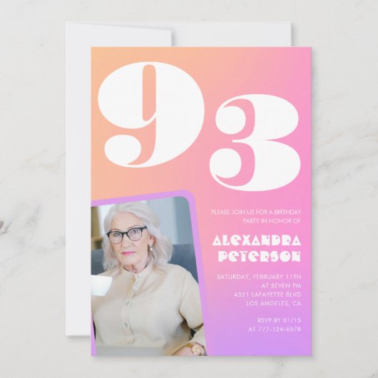 Retro Gradient Pink 93. Geburtstag Einladung (Vorderseite)