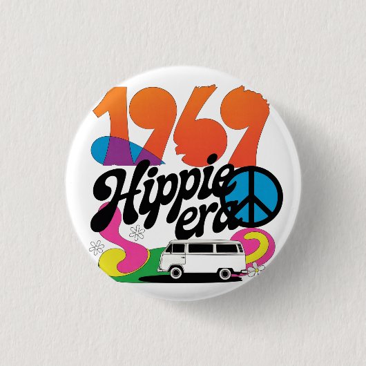 Retro-Grafik aus der Hippie-Ära 1969 mit Friedenss Button (Vorderseite)