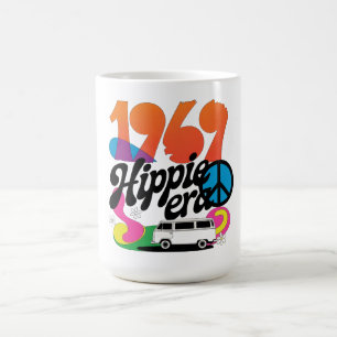 Retro-Grafik aus der Hippie-Ära 1969 mit Friedenss Kaffeetasse
