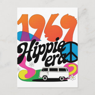 Retro-Grafik aus der Hippie-Ära 1969 mit Friedenss Postkarte