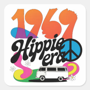 Retro-Grafik aus der Hippie-Ära 1969 mit Friedenss Quadratischer Aufkleber