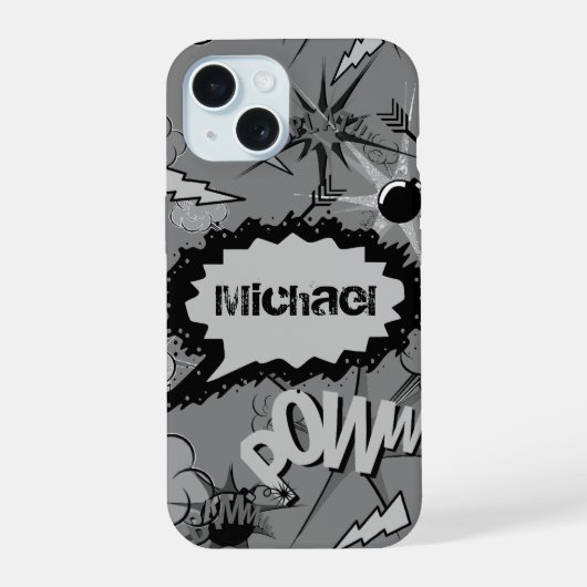Retro Grau Custom Comic Book Pattern Personalisier iPhone 15 Hülle (Rückseite)