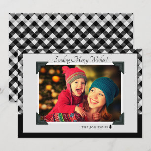 Retro Grau & Schwarz Büffel-Karo Weihnachtsfoto Feiertagskarte