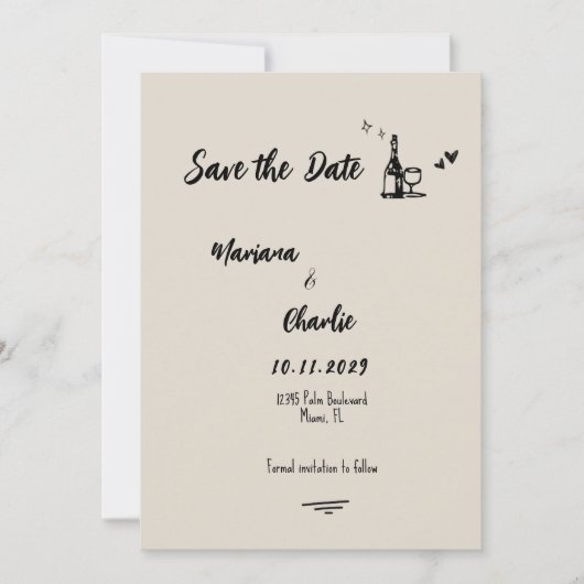 Retro Graue Handgezeichnete Illustrierte Hochzeit Save The Date (Vorderseite)